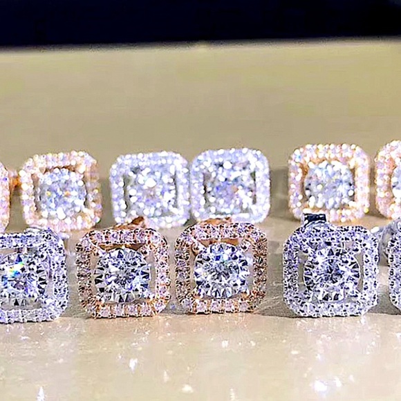 18K GP Diamond Halo Square Cut Diamond Stud Earrings - Picture 2 of 4